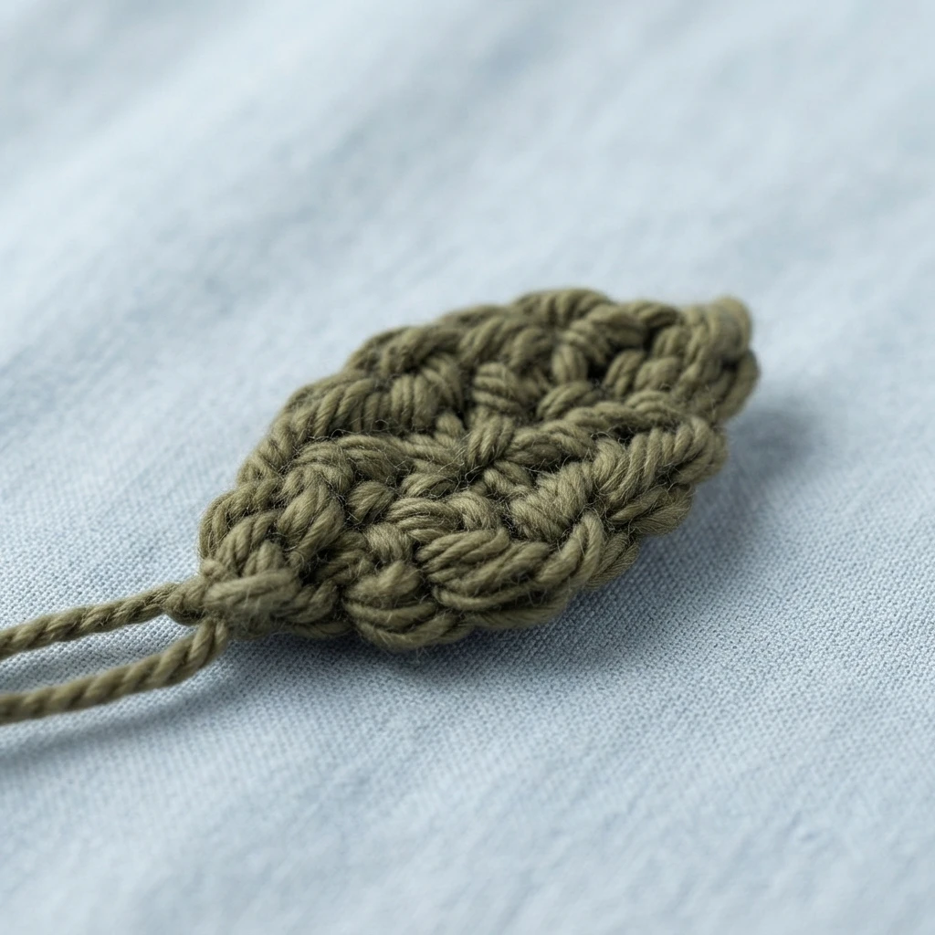 Single olive green crocheted leaf with yarn tails resting on light fabric.