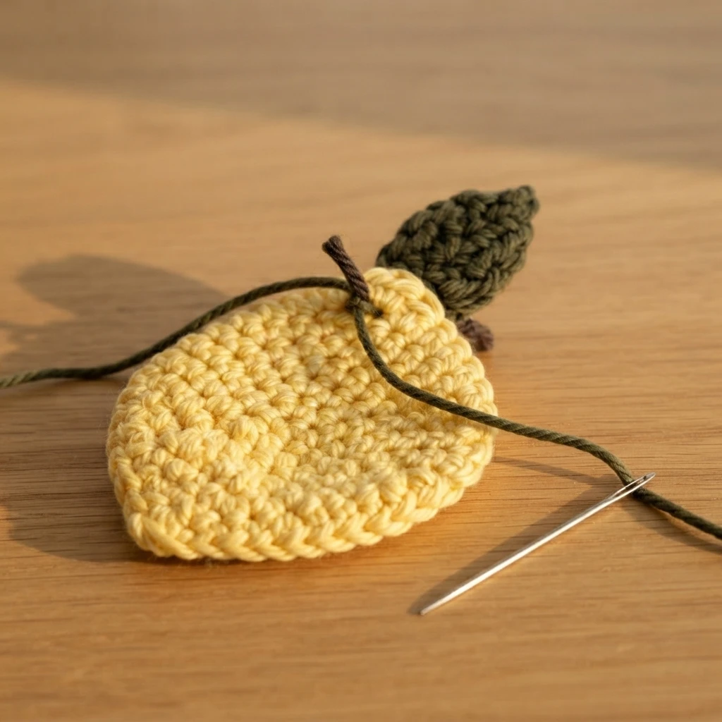 Close-up of a yellow crochet lemon with green leaf being sewn with loose yarn and a tapestry needle on a wooden surface