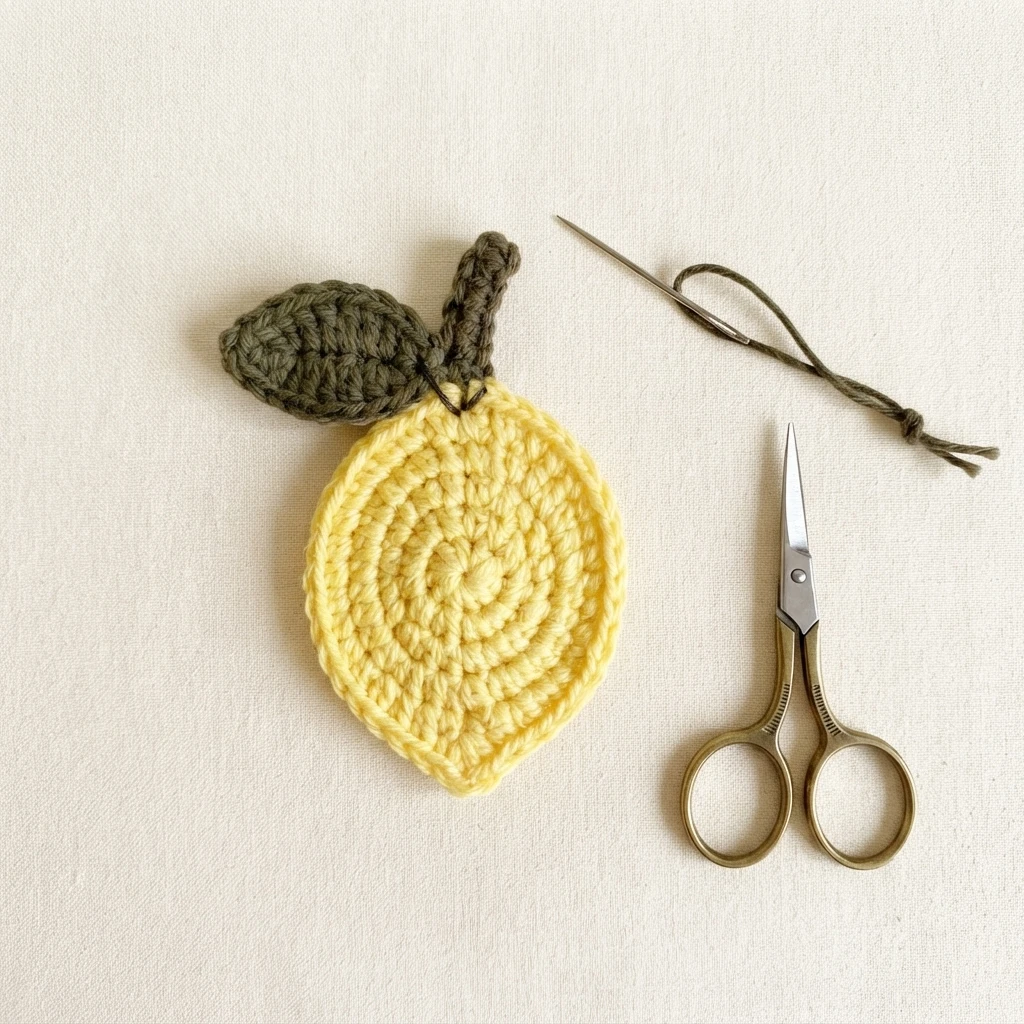 Flat lay of a yellow crocheted lemon motif with an olive green leaf and stem, a threaded tapestry needle and small gold scissors on cream fabric.