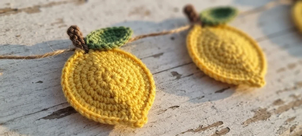 Two crocheted yellow lemons with green leaves and brown stems strung on twine over whitewashed wood.