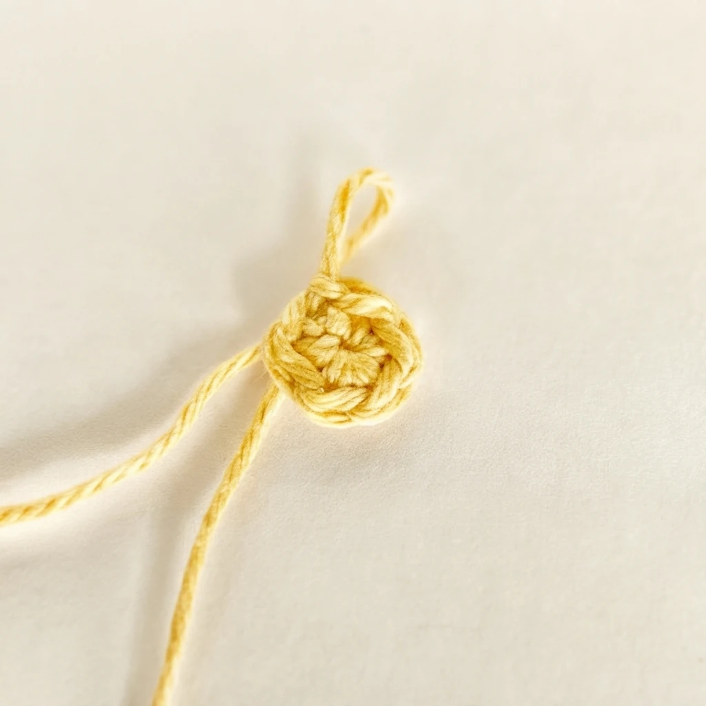 Small pale yellow crocheted circle with loose yarn tails on a plain light background, showing an early round of the lemon motif.