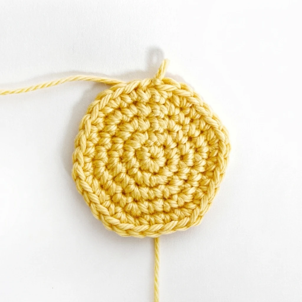 Yellow crocheted round lemon body in progress on a white background, with yarn tails still attached