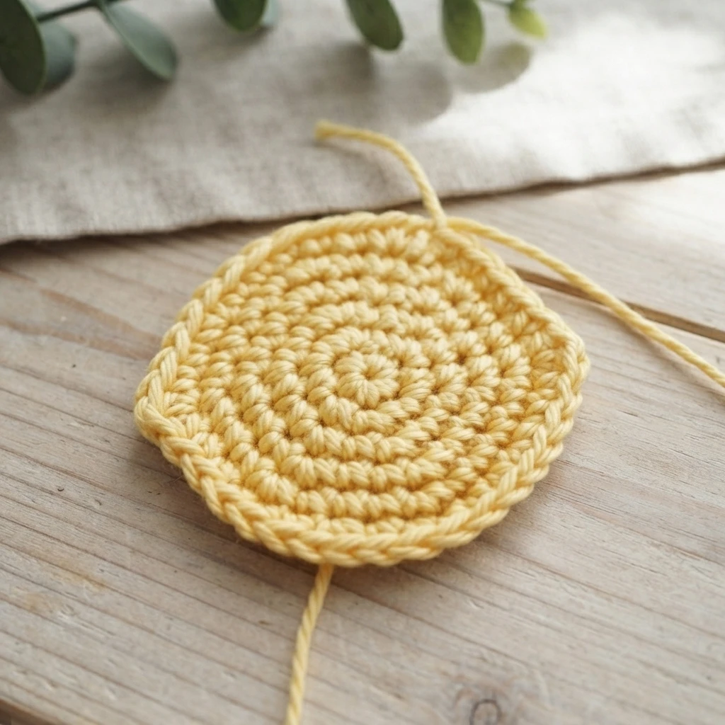 Crocheted pale yellow lemon disc in progress lying on a wooden surface with yarn tails attached