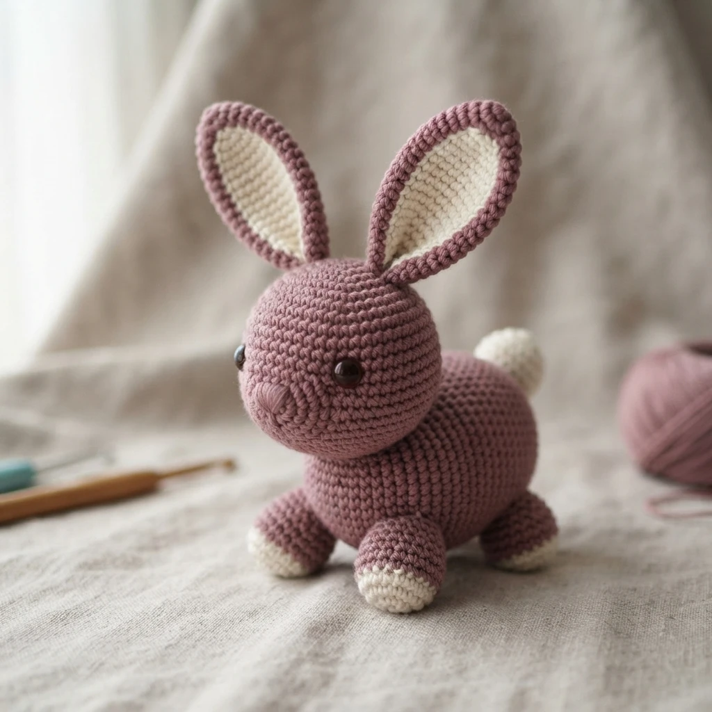 Dusty pink crochet bunny with upright ears, white inner ears, white tail and white foot tips, standing on beige fabric beside a ball of yarn and a crochet hook