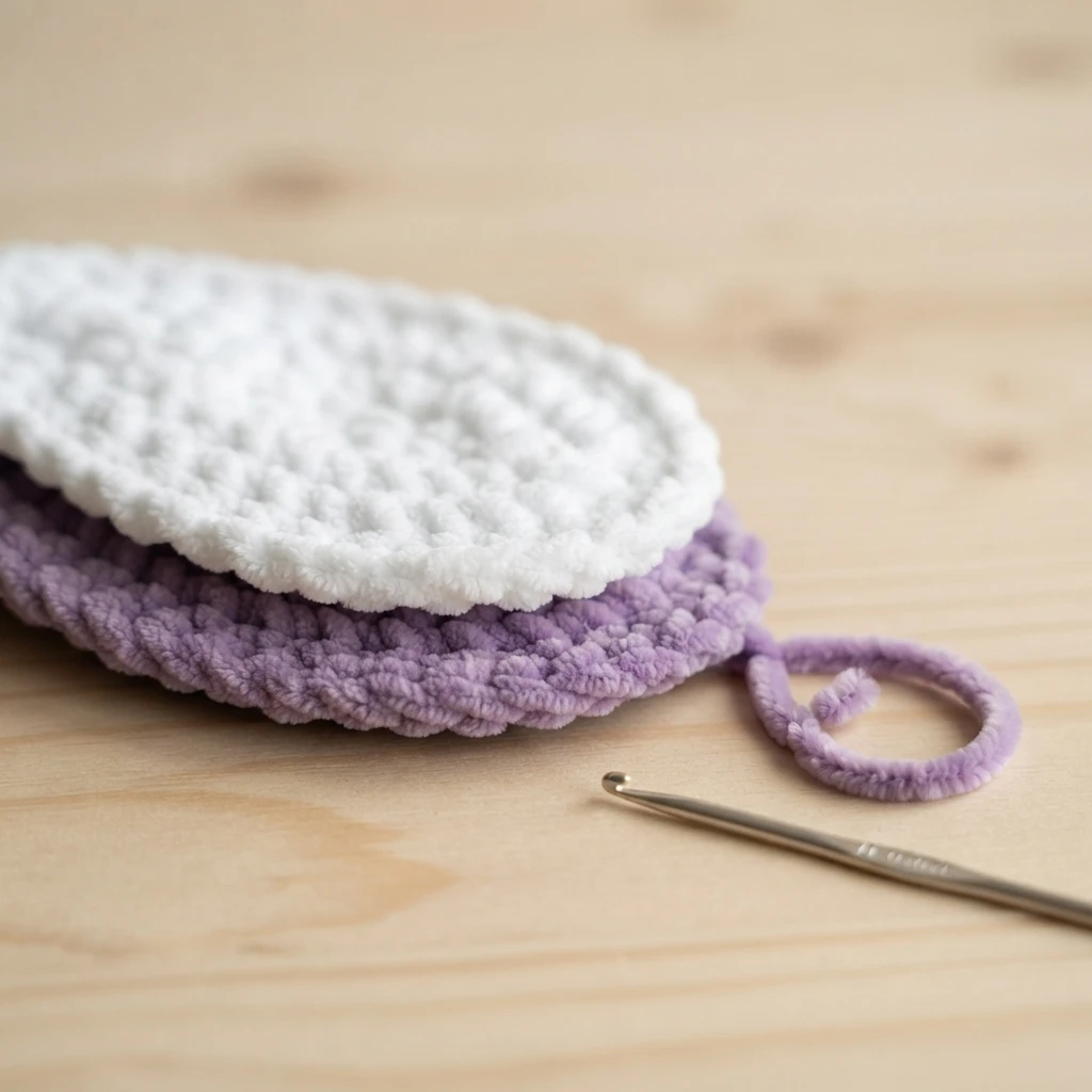 Two stacked crochet ear panels, white on lilac, on a light wood surface beside a crochet hook