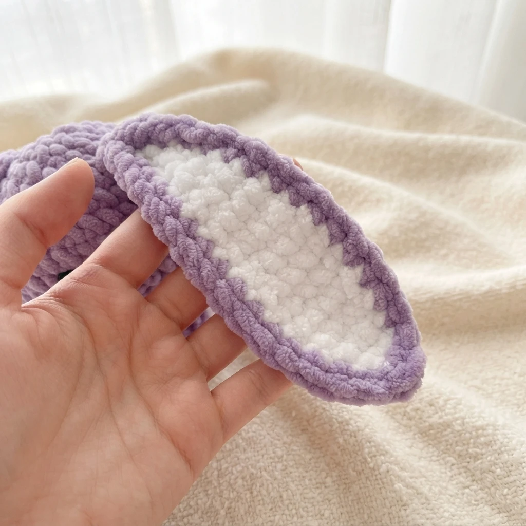 Close-up of a hand holding a lilac crochet bunny ear with a white inner panel and lilac border over a cream blanket