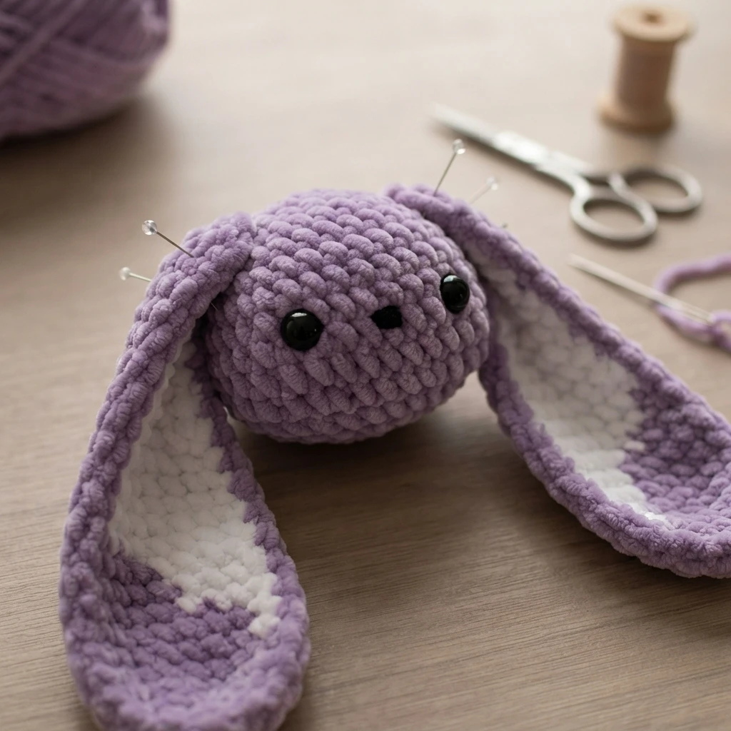 Lilac crochet bunny head with long floppy ears with white inner panels, pinned during assembly on a wooden table with scissors nearby