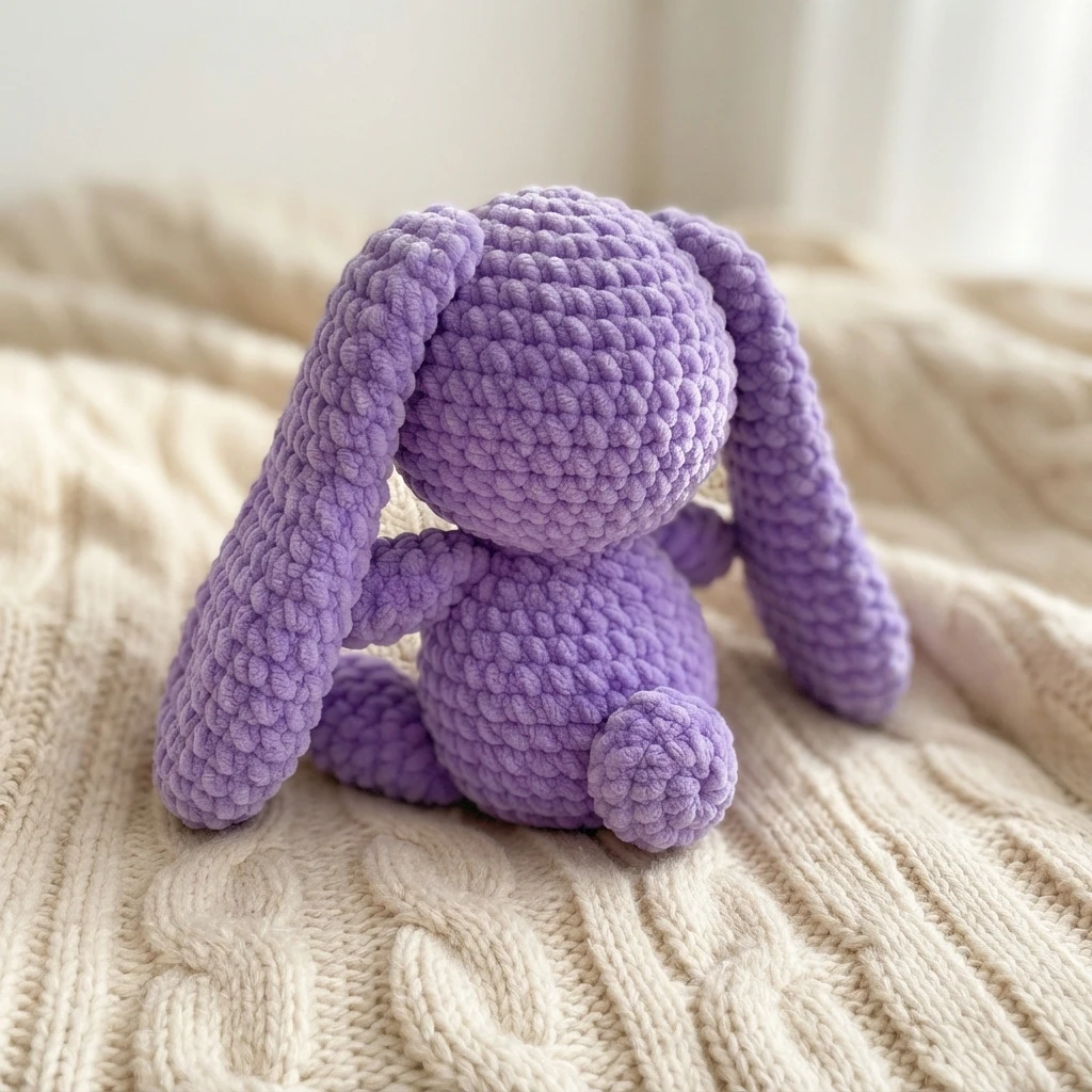 Purple crochet bunny seen from behind with long floppy ears, sitting on a cream knitted blanket
