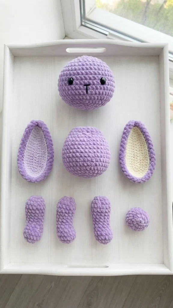 Lilac crocheted bunny parts laid out on a white tray, including a round head with black eyes and a stitched nose, a body, two long ears with pale inner panels, legs and a small round tail