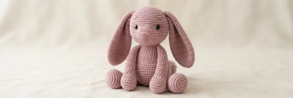 Finished crochet bunny in dusty pink yarn with long floppy ears, black eyes and a small pink nose, sitting on a light fabric background