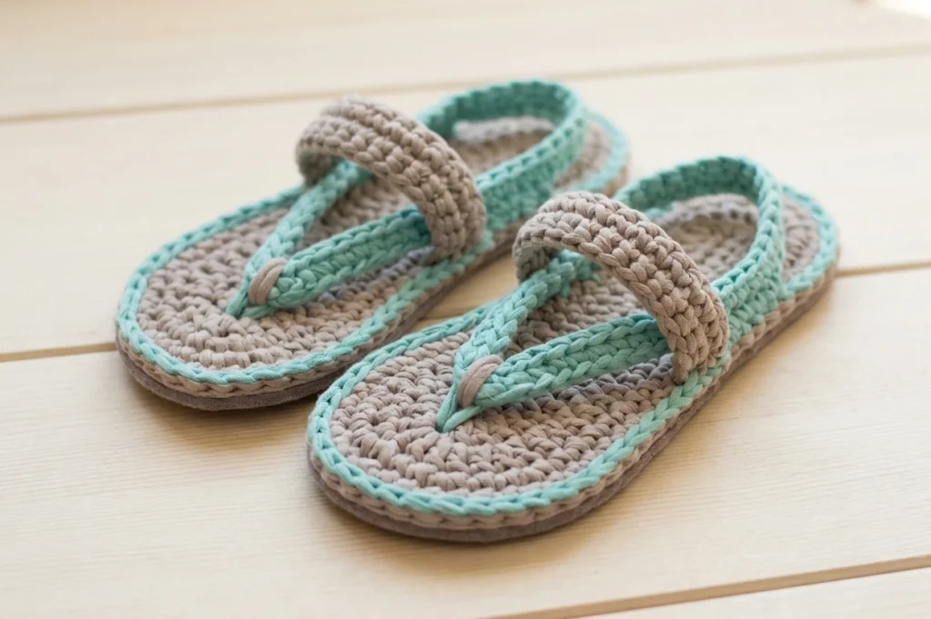 A pair of crochet flip-flops with taupe soles and wide straps, turquoise edging and toe thongs, on a light wood floor