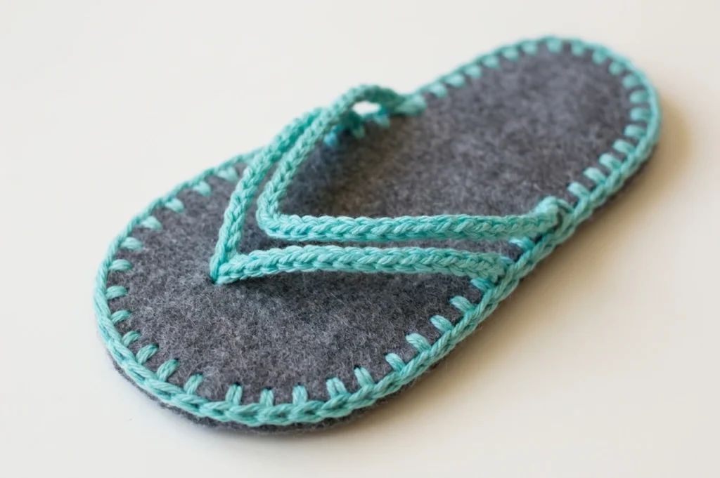 Single crochet flip-flop with a grey felt sole, turquoise stitched edging and turquoise thong straps on a white background