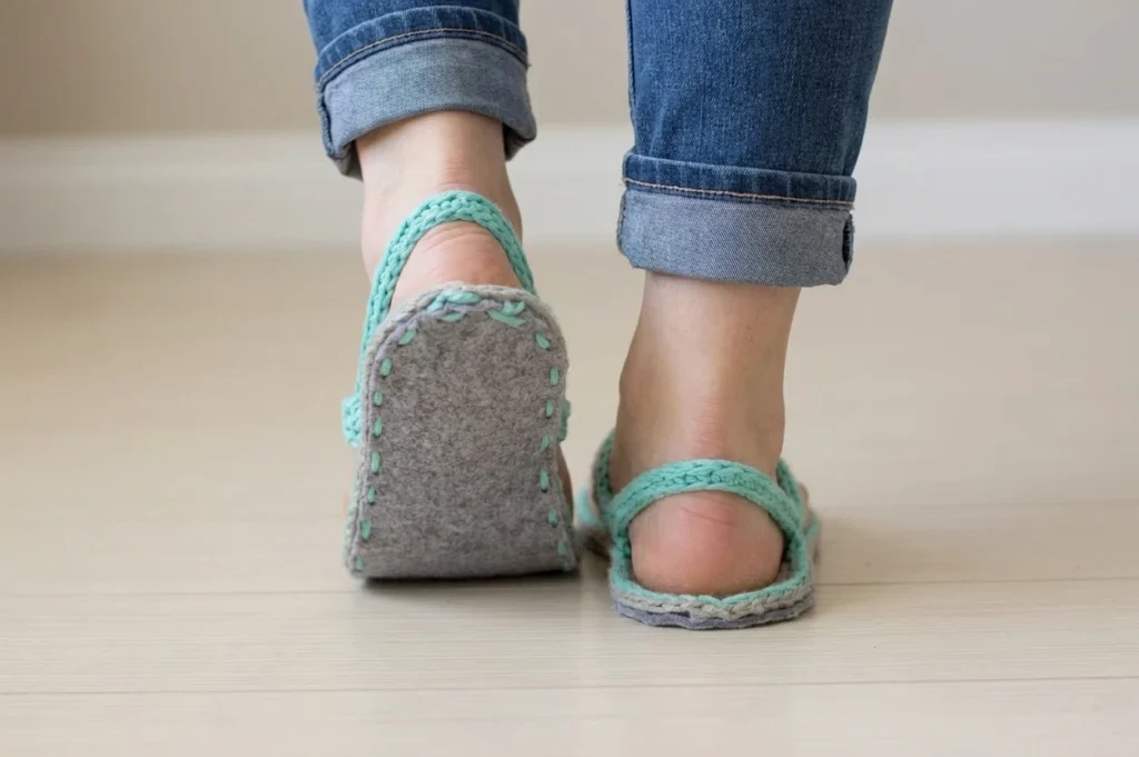 Rear view of a woman in cuffed jeans wearing turquoise crochet flip-flops, one foot lifted to show the grey felt sole stitched with turquoise yarn
