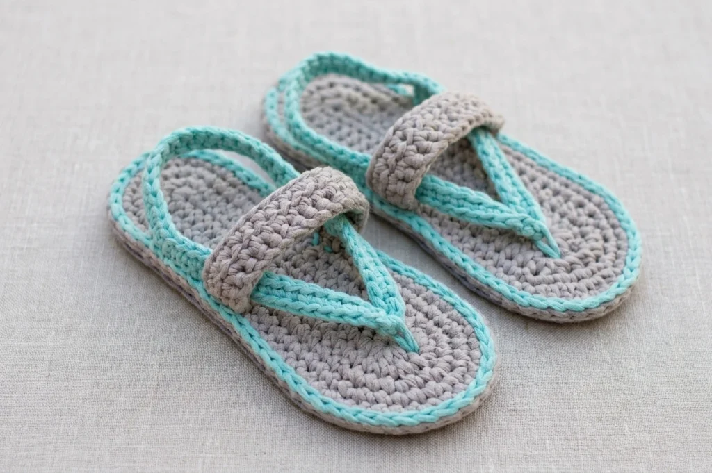 A pair of gray and turquoise crochet flip-flops with wide taupe gray straps and toe thongs on a light fabric background