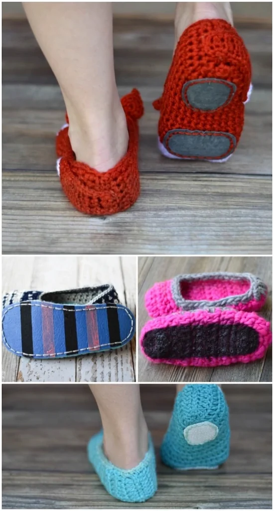 Collage of crochet slippers viewed from the sole showing non-slip finishes, including red slippers with grey patches, a blue striped sole, a pink slipper with a black sole and turquoise slippers with a white patch