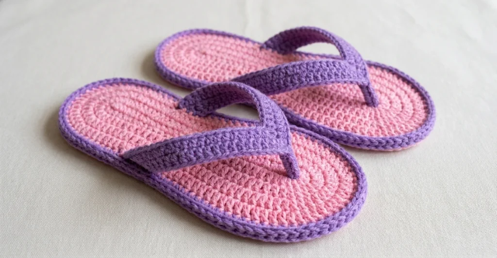 Pair of crochet flip-flops with pink soles, purple edging and purple thong straps, laid flat on a light fabric background