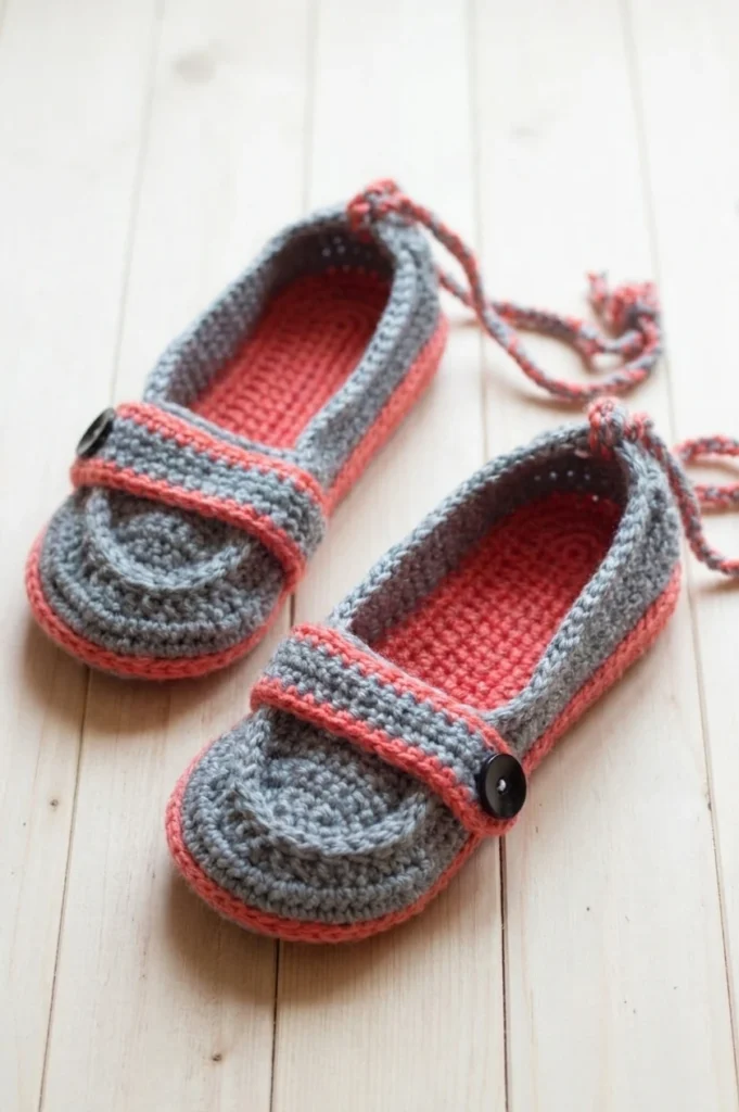 Pair of gray and coral crochet slippers with button straps and ankle ties on light wood planks