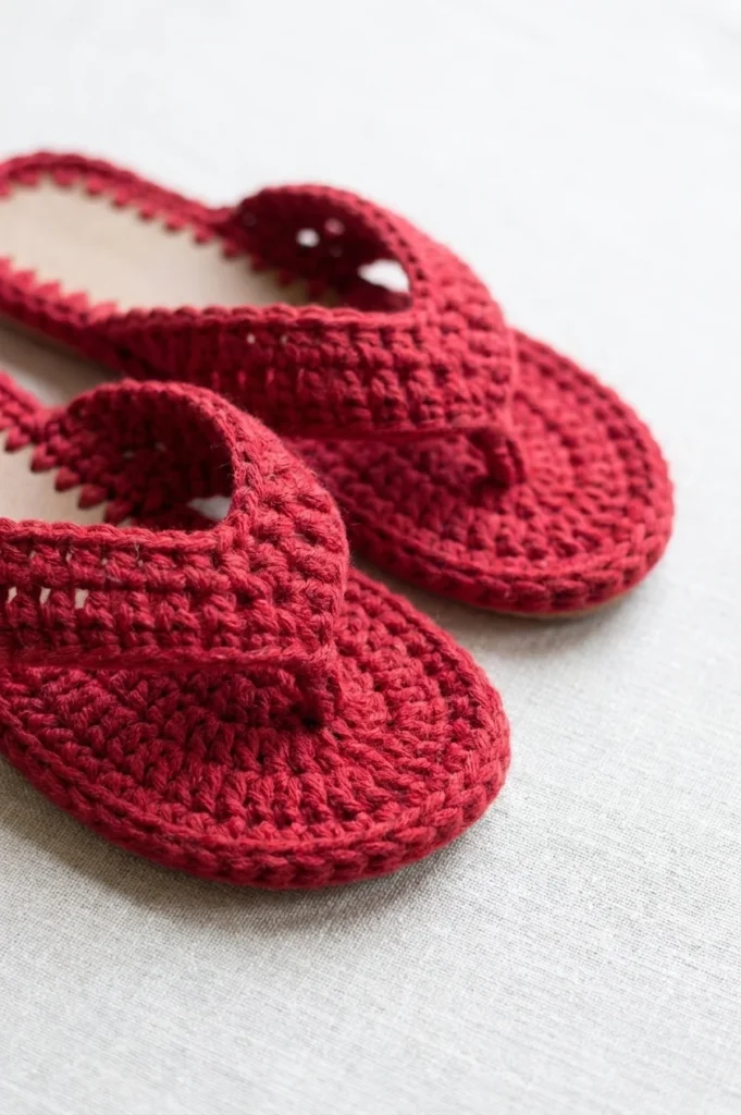 Pair of dark red crochet flip-flop sandals with wide thong straps on a light fabric background