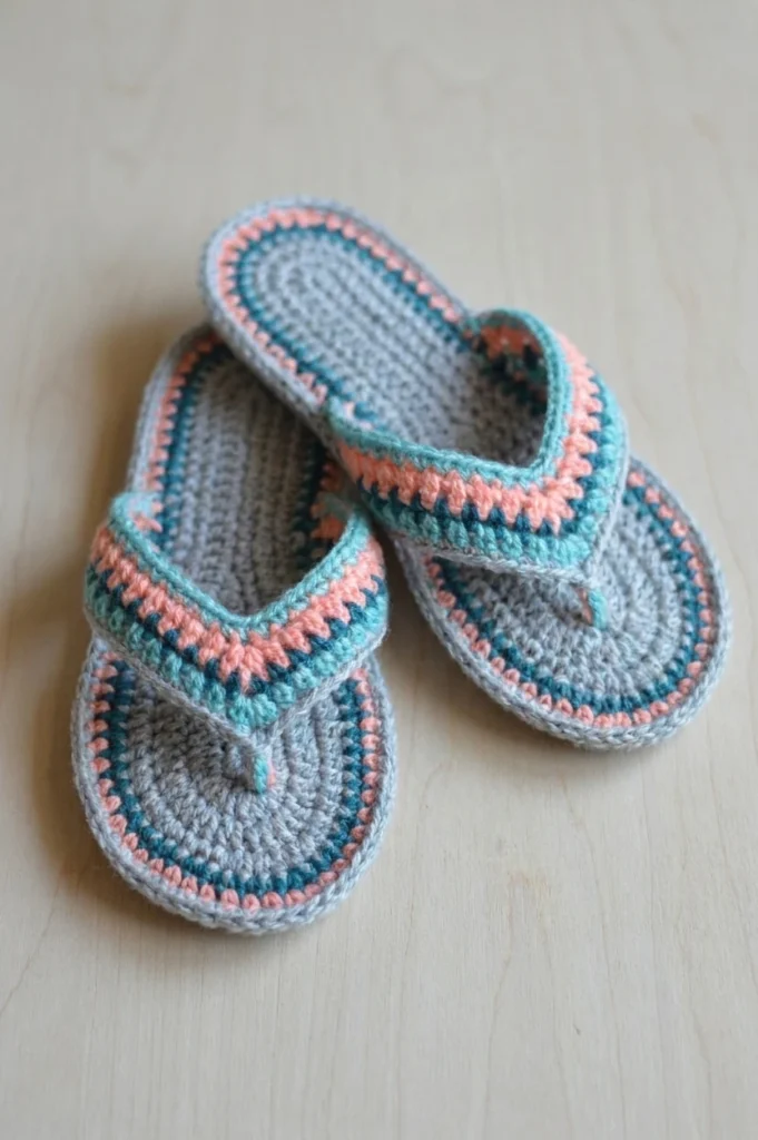 Pair of crochet flip-flops with grey soles and peach, teal and dark teal striped straps on a light wood surface