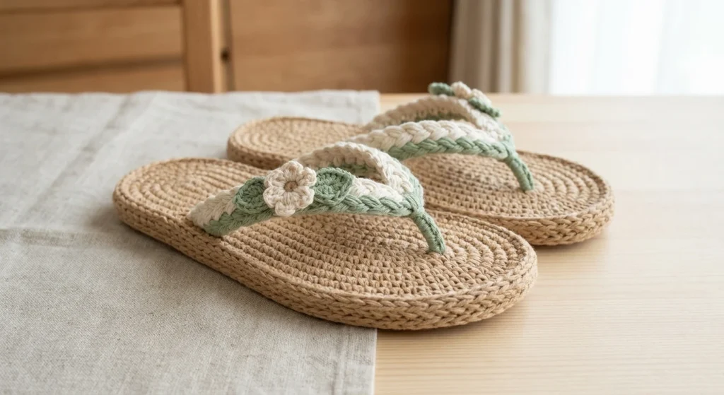 Pair of beige crochet flip-flops with white and sage green braided thong straps and small flower details on a light wooden table