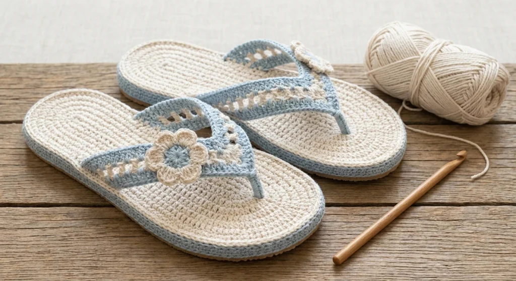 Pair of cream and light blue crochet flip flops with flower details on the straps, on a wooden surface beside a ball of cream yarn and a crochet hook