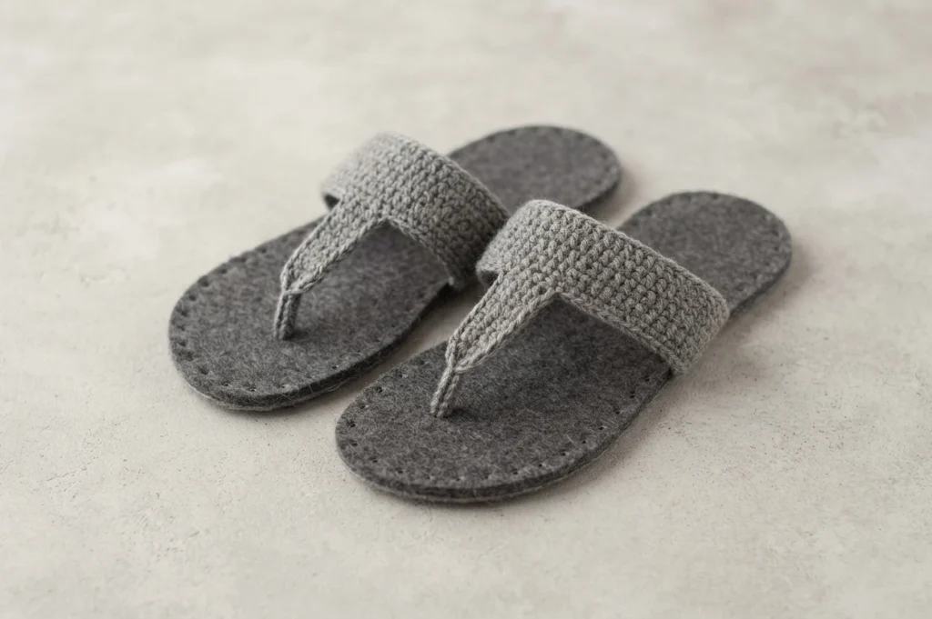 Pair of grey crochet flip-flops with dark grey felt soles and wide grey thong straps on a light background
