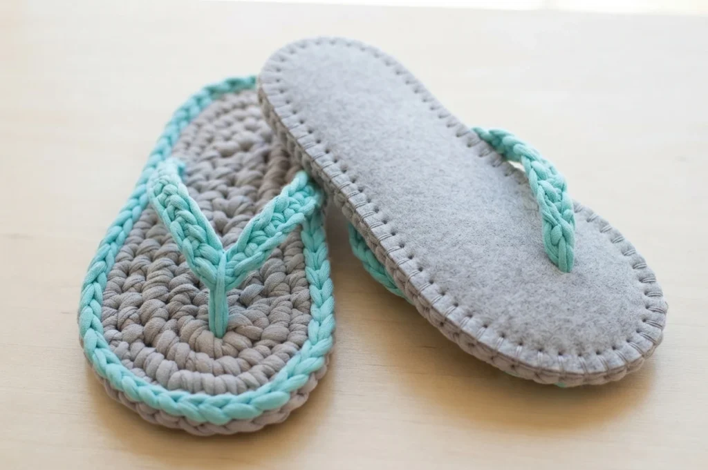 Pair of crochet flip-flops with grey crochet soles and turquoise thong straps, one turned over to show its stitched grey felt sole, on a light wood surface