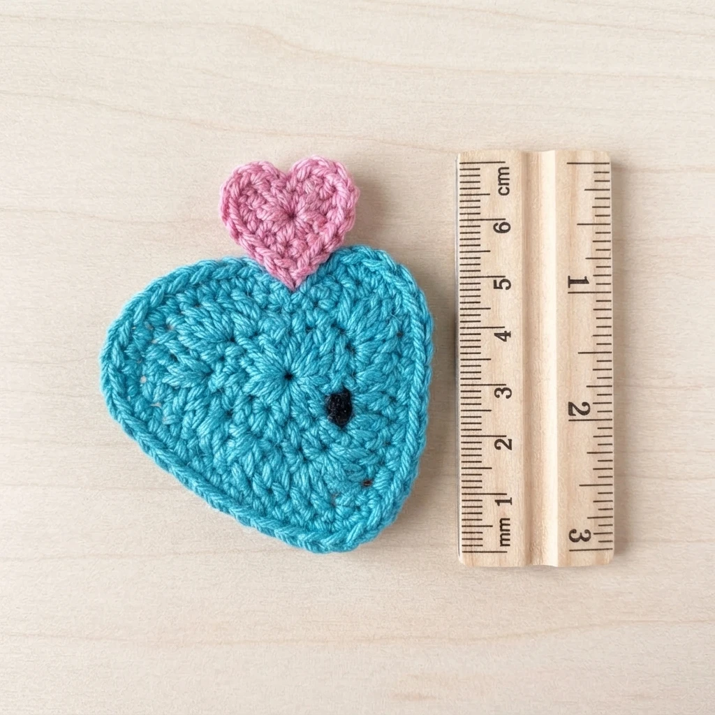 Turquoise crochet heart fish applique with a small pink heart tail beside a wooden ruler on a light wooden surface.