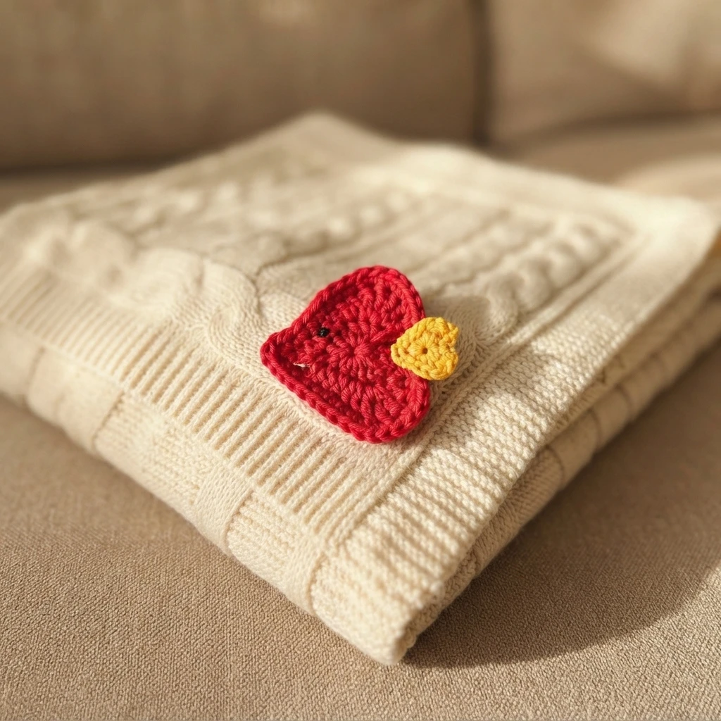 Red crochet heart fish applique with a yellow tail lying on a folded cream cable-knit blanket.