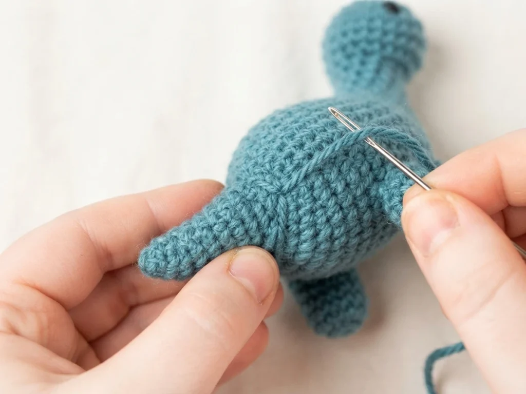 Hands holding a blue crocheted brontosaurus while a tapestry needle weaves a yarn tail through the body stitches
