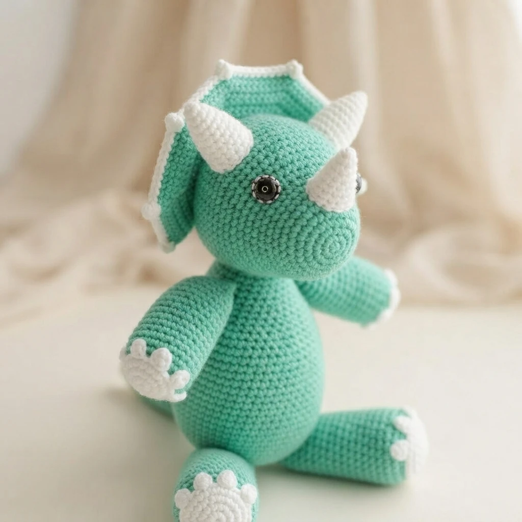 Crocheted teal triceratops amigurumi with white horns, frill edge and paw pads, sitting on a light surface