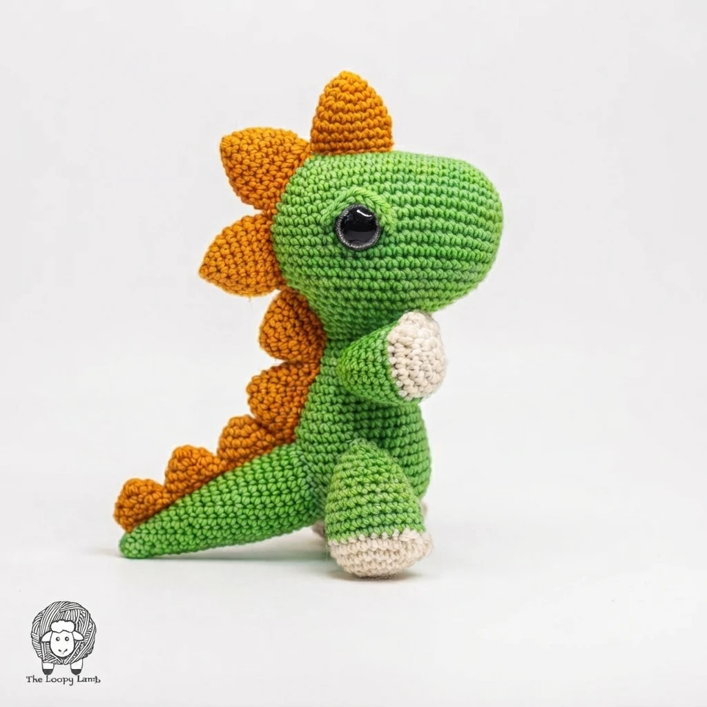 Green crocheted dinosaur with orange back spikes, cream hands and feet, and a large black eye on a plain light background