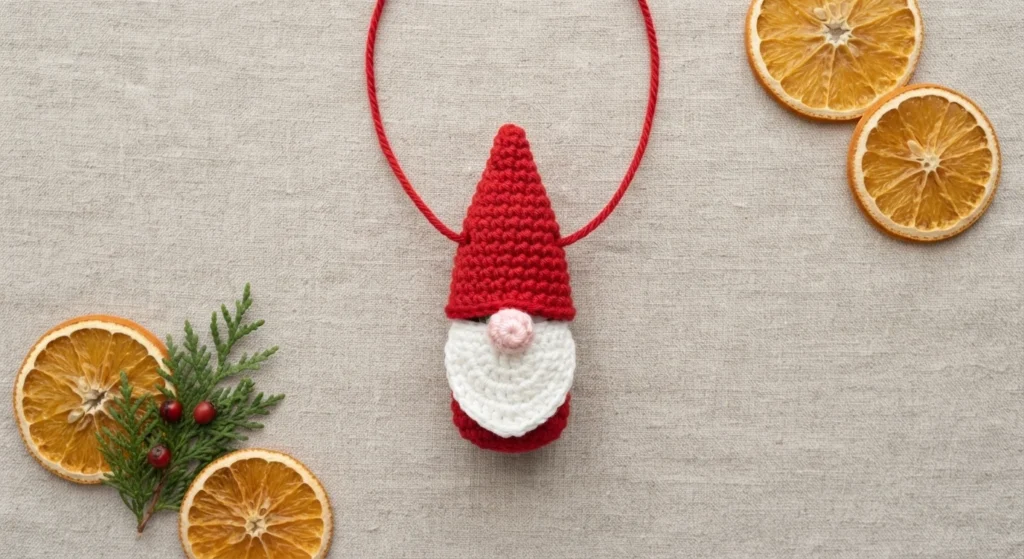 Finished crochet Santa gnome lip balm holder with a red pointed hat, white beard and small pink nose, hanging from a red cord on a light linen surface with dried orange slices, cedar sprigs and red berries.