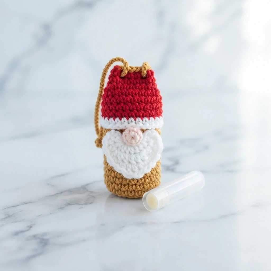 Small crocheted Santa gnome lip balm holder with a red hat, white trim, white beard and pink nose on a tan body, a beige cord loop at the top, next to a clear lip balm tube on a marble surface.