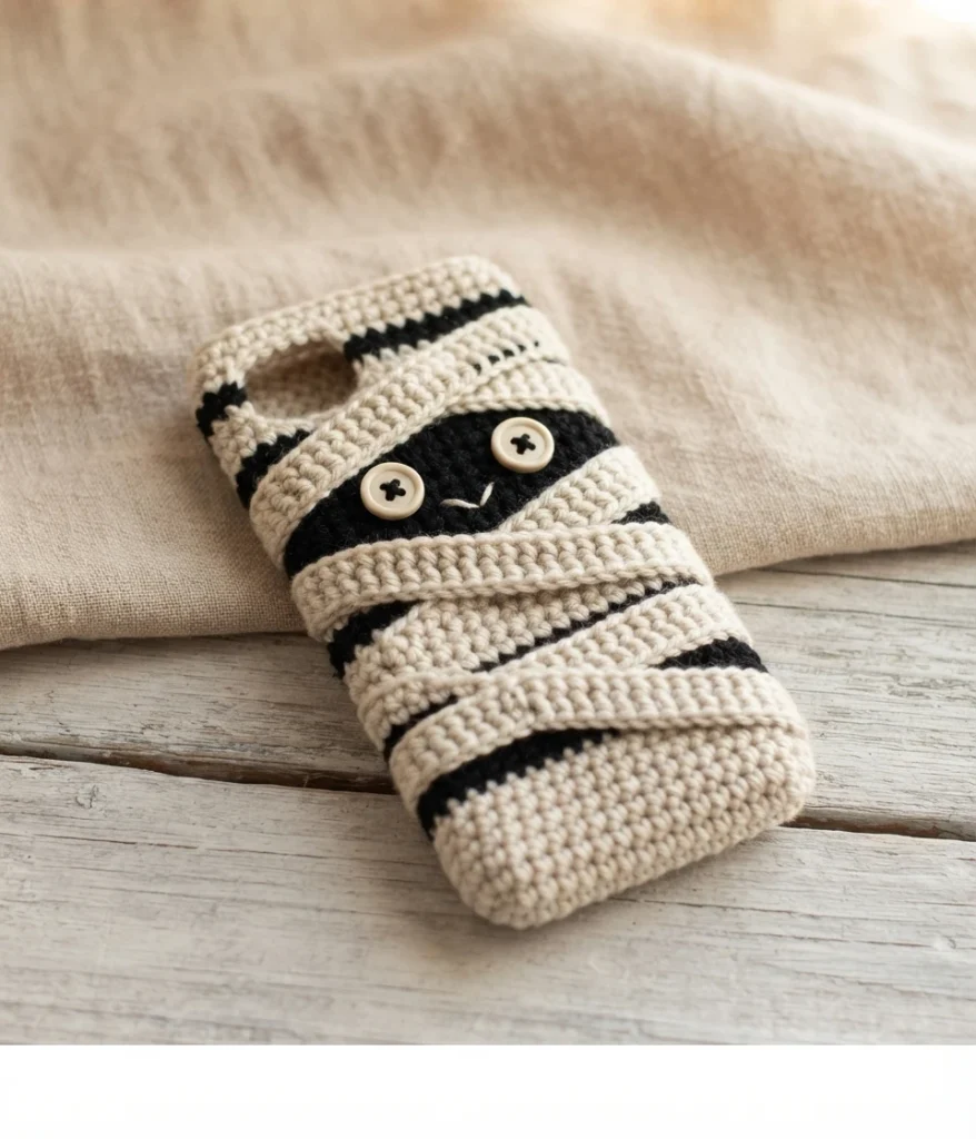 How to Crochet a Mummy phone case - PATRONES VALHALLA: Free crochet patterns - crochet detail