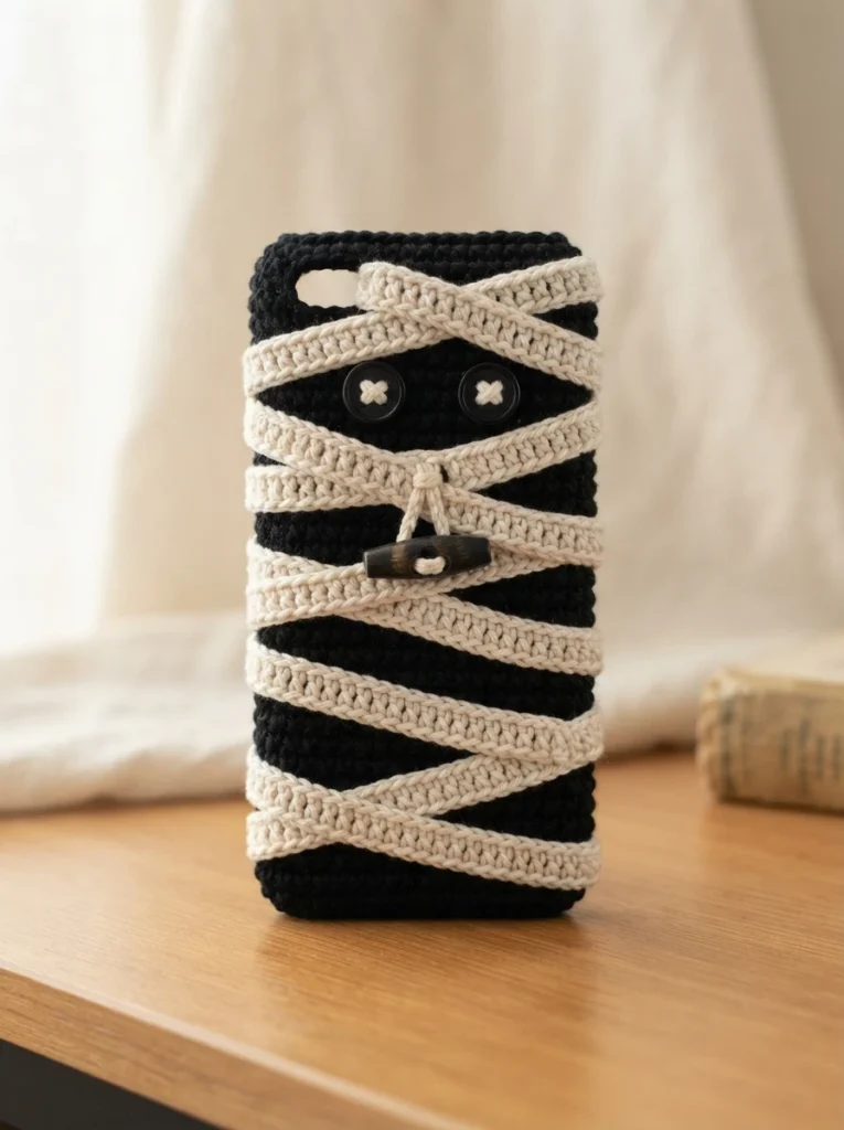How to Crochet a Mummy phone case - PATRONES VALHALLA: Free crochet patterns - crochet detail