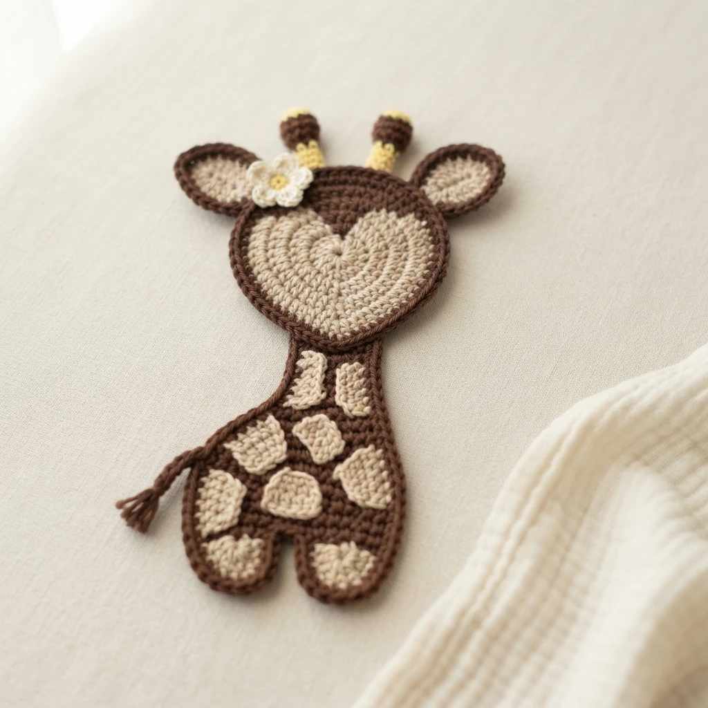 Crocheted giraffe applique in brown and beige yarns with a heart-shaped head, small ossicones, round ears, a tiny white flower by one ear, and spotted neck and body, lying on cream fabric.
