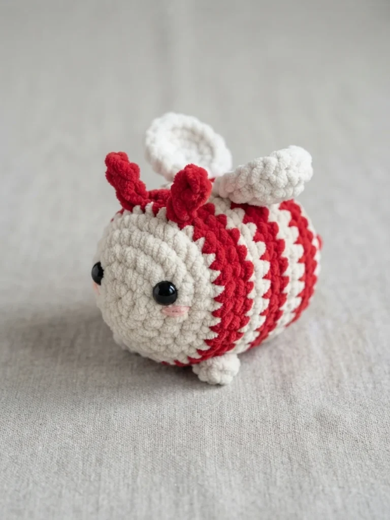 A crocheted bee amigurumi with red and cream candy cane stripes, black safety eyes, small pink cheeks, white rounded wings and red antennae, resting on light grey fabric.