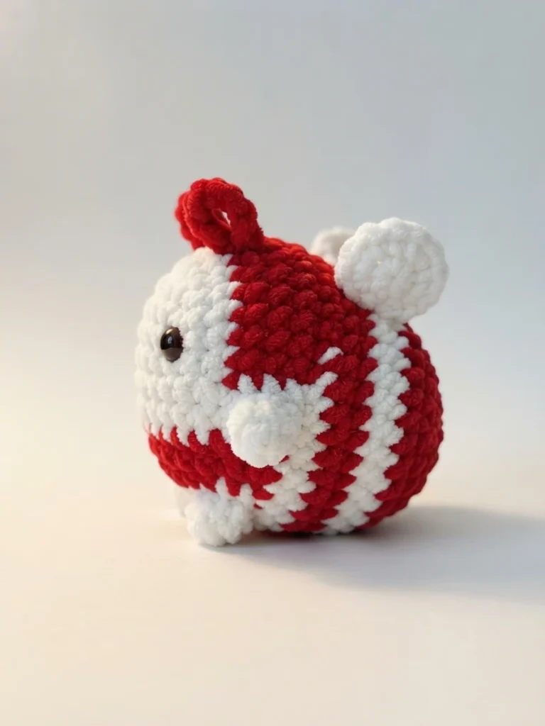 A single crocheted bee amigurumi in red and white stripes with a white round wing, one visible dark eye and a small red loop on top, photographed on a plain pale background.