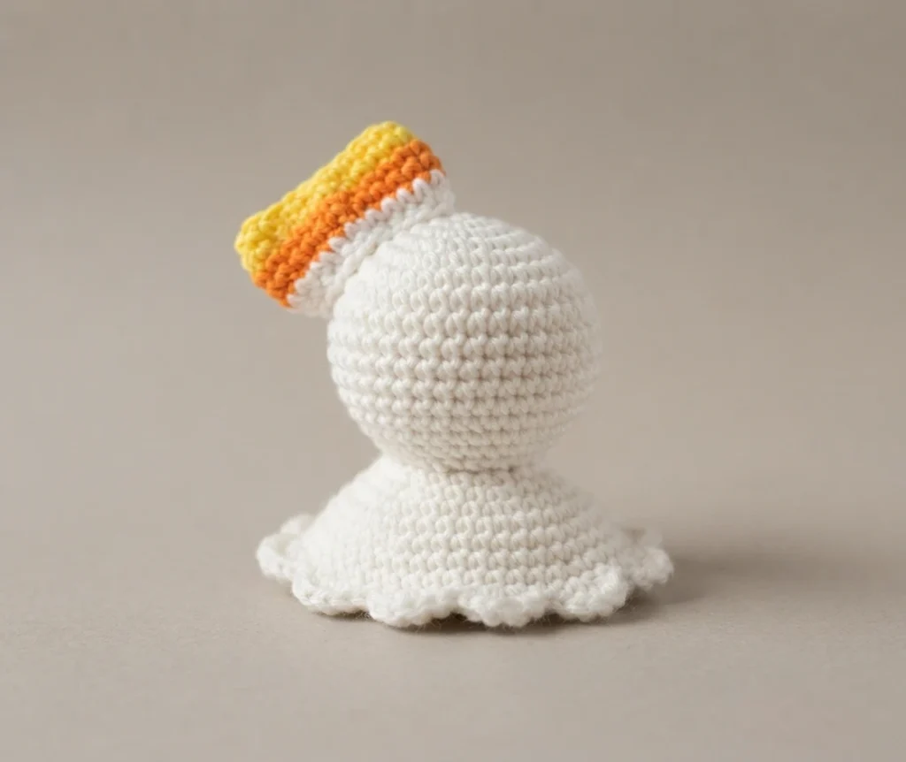White crocheted ghost amigurumi seen from behind, with a yellow and orange striped bow on its head and a ruffled skirt base, photographed on a plain beige background.