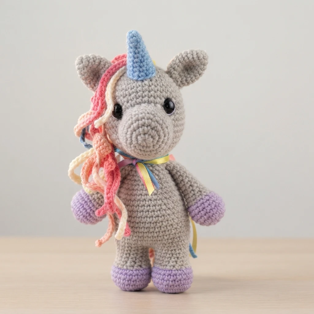 Amigurumi crocheté d'une licorne grise debout sur une surface en bois clair, avec une corne bleue, une crinière de fils multicolores, un ruban noué au cou et des pattes et sabots violets.