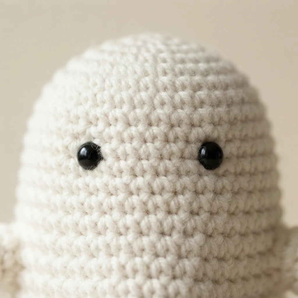 Close-up of a white crocheted amigurumi ghost head with fuzzy yarn texture and two black bead eyes, photographed against a plain beige background.