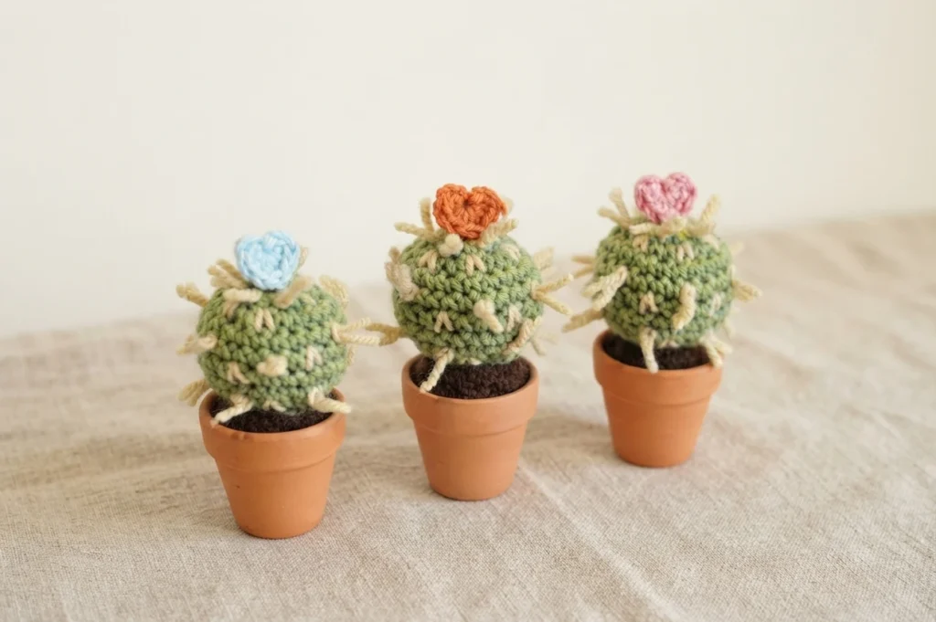 Three small round green crocheted cacti in terracotta pots, with pale spines and light blue, orange and pink crocheted hearts on top
