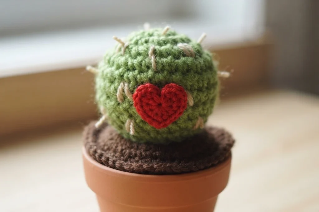 Single round green crochet cactus with tan spines and a red crochet heart, in a terracotta pot with brown crochet soil