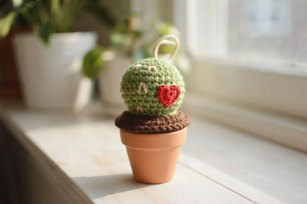 A single round green crocheted cactus with small tan stitches, a red crocheted heart on the front and a tan loop on top, sitting on brown crocheted soil in a terracotta pot on a sunny windowsill
