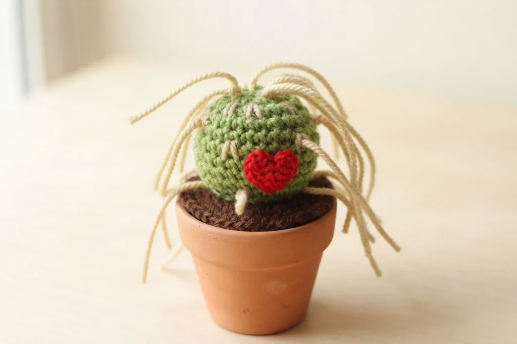 Crocheted green cactus with long cream yarn spines and a red heart, in a terracotta pot with brown soil