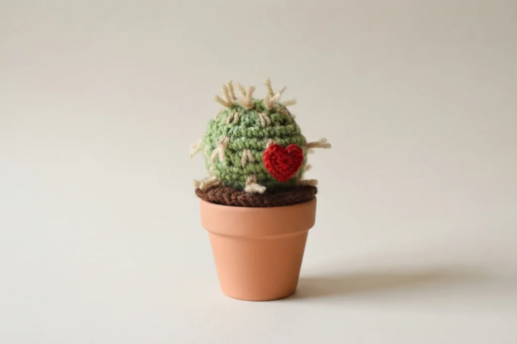 Crocheted green cactus with beige spines and a red heart, in a terracotta pot with brown soil