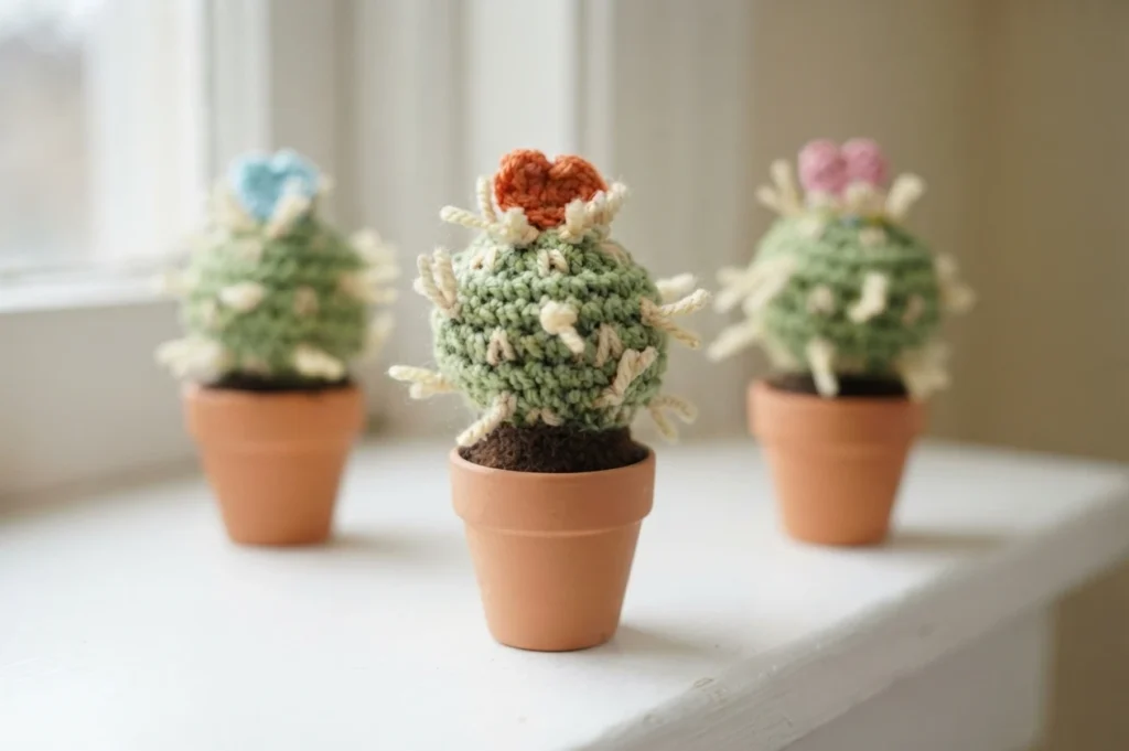 Three small green crocheted cacti in terracotta pots with cream yarn spines and blue, orange and pink heart toppers on a white windowsill
