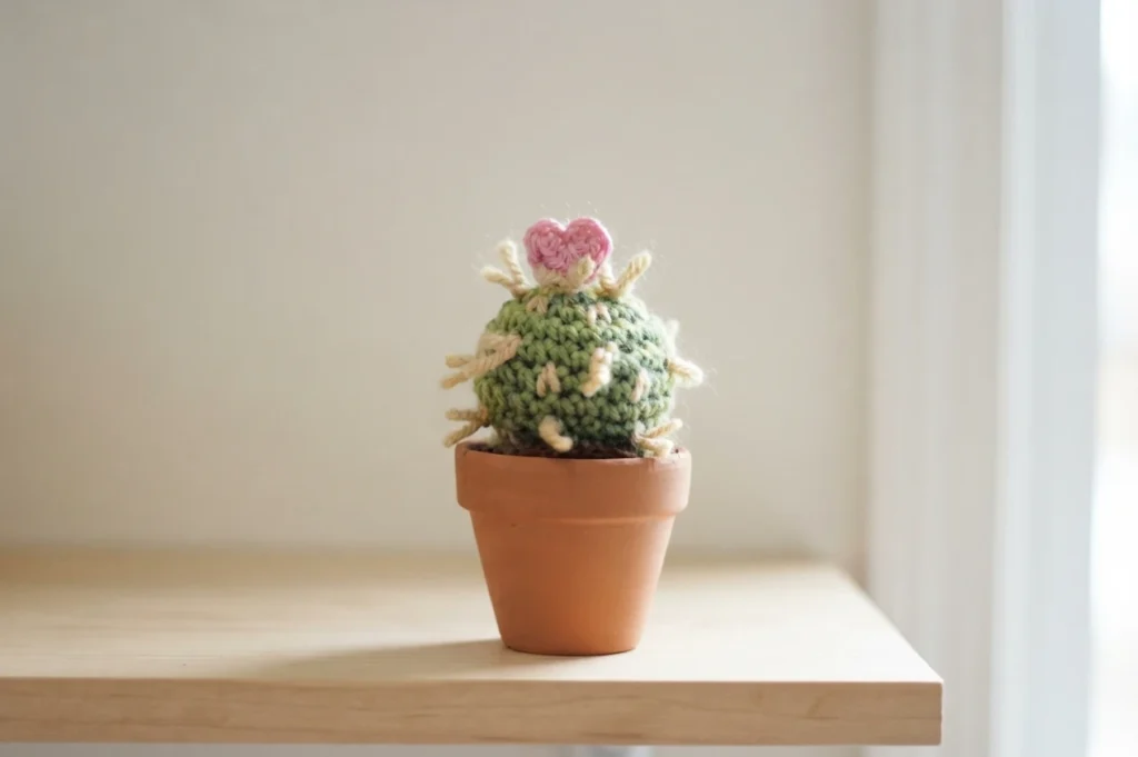 A green crocheted cactus with cream spines and a pink heart on top, in a terracotta pot on a wooden shelf