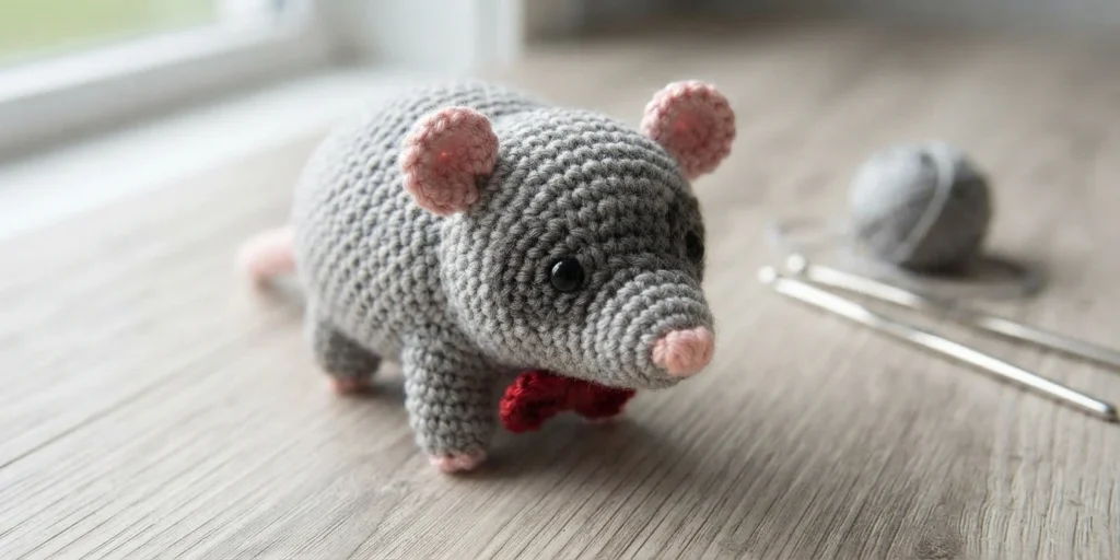 Crocheted gray opossum with pink inner ears and nose, shown on a tabletop beside a crochet hook and yarn.